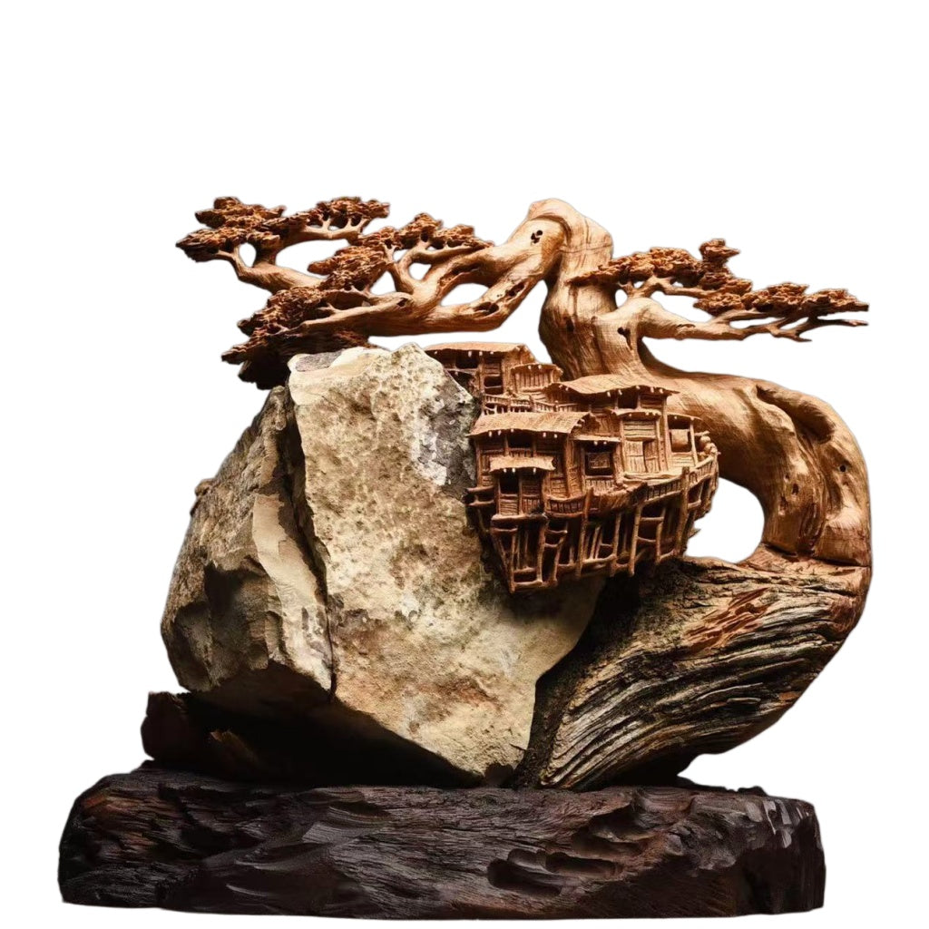 高級天然木彫り置物「山景人家」職人手作り 32cm