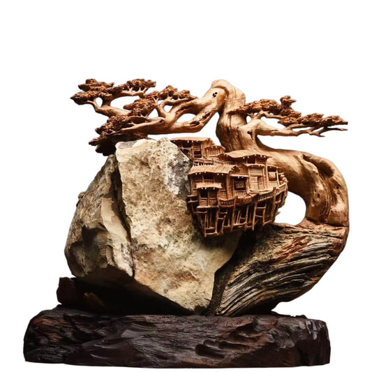 高級天然木彫り置物「山景人家」職人手作り 32cm