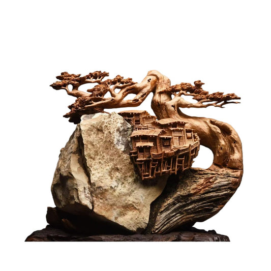 高級天然木彫り置物「山景人家」職人手作り 32cm