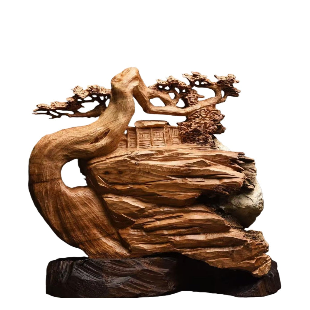 高級天然木彫り置物「山景人家」職人手作り 32cm