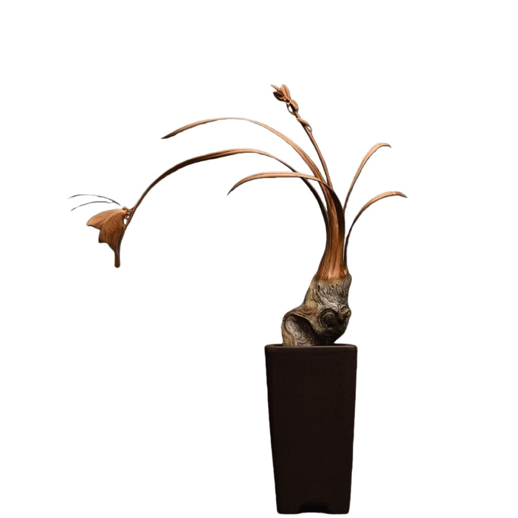 天然木彫り置物「蘭と蝶」29cm