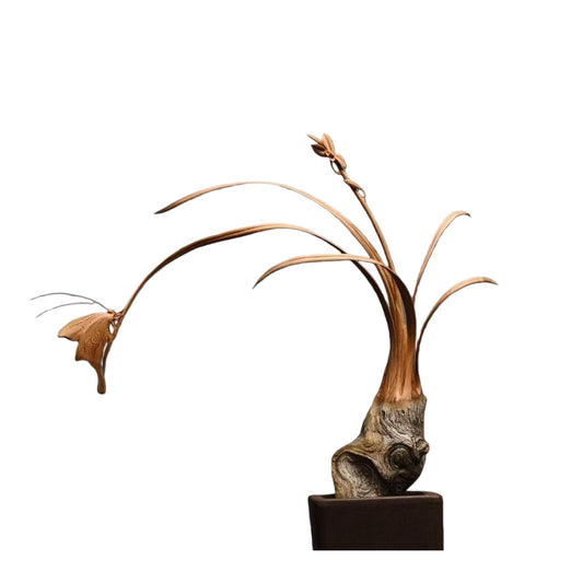 天然木彫り置物「蘭と蝶」29cm