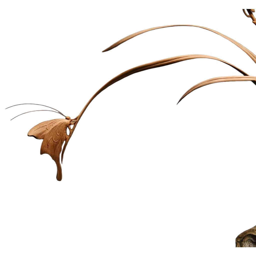 天然木彫り置物「蘭と蝶」29cm